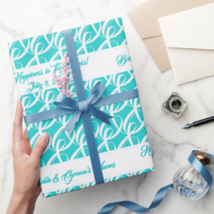 Fancy Personalised Bride, Groom Aqua Blue Wedding Wrapping Paper