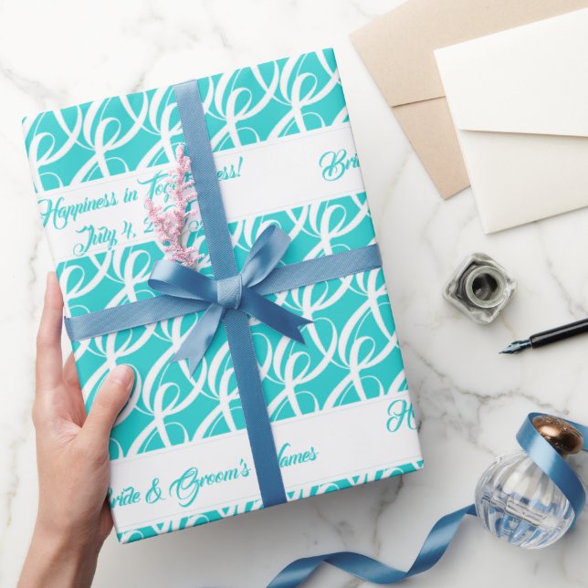 Fancy Personalised Bride, Groom Aqua Blue Wedding Wrapping Paper (Gifting)