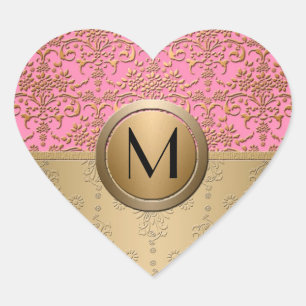 Fancy Pink and Gold Monogram Damask Pattern Heart Sticker