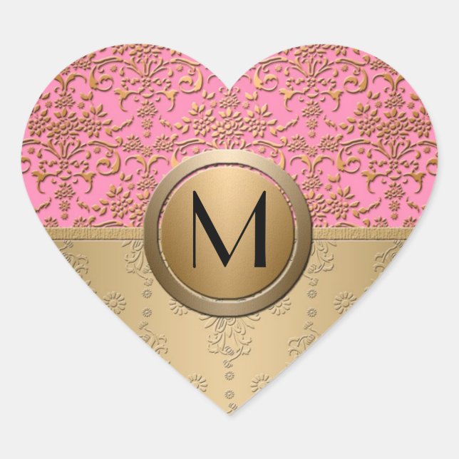 Fancy Pink and Gold Monogram Damask Pattern Heart Sticker (Front)