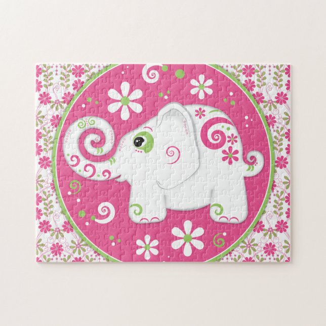 Fancy Pink and Green Elephant and Floral Puzzle (Horizontal)