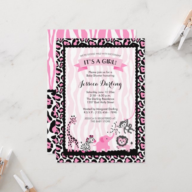 Fancy Pink & Black Safari Girl Baby Shower Invitation (Front/Back In Situ)