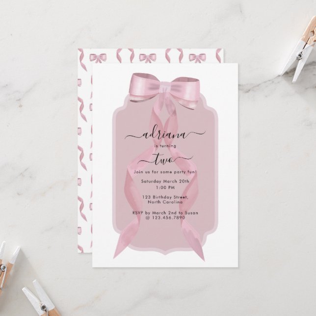 Fancy Pink Bow Girly Coquette Birthday Invitation (Front/Back In Situ)