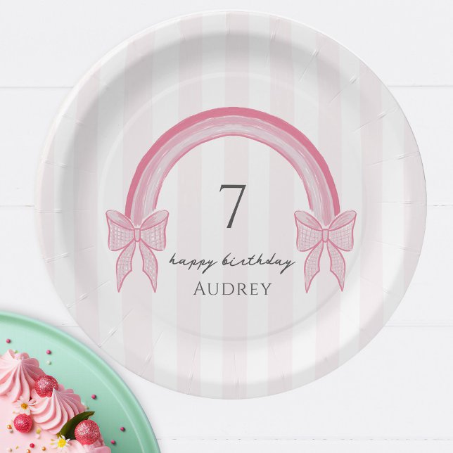 Fancy Pink Bow Rainbow Coquette Birthday Paper Plate (Creator Uploaded)