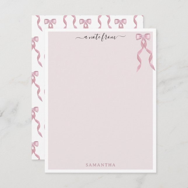 Fancy Pink Bow Theme Girly Personalised Stationery Card (Front/Back)