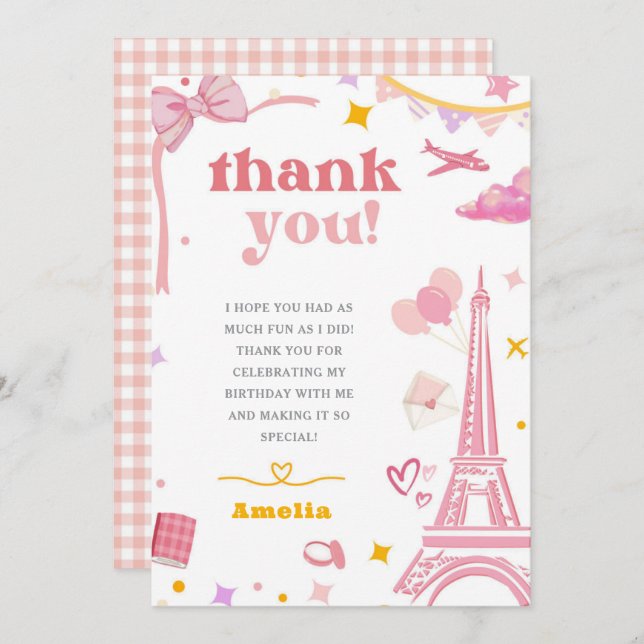 Fancy Pink Eiffel Tower Paris Theme Thank You Card (Front/Back)