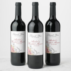 Fancy Pink Floral Bridal Shower Wine Label