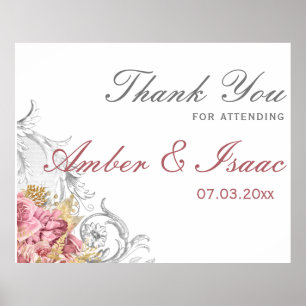 Fancy Pink Floral Wedding Thank You Poster