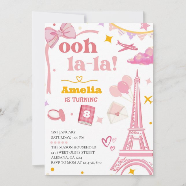 Fancy Pink Paris Eiffel Tower Invitation Gingham (Front)