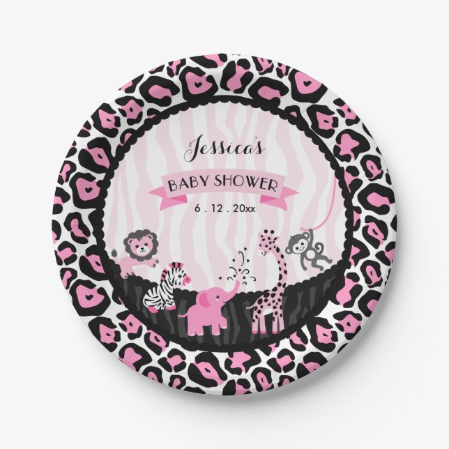 Fancy Pink Safari Girl Baby Shower Custom Plates (Front)