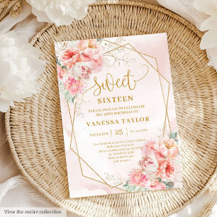 Fancy Powder Pink Gold Flowers Sweet 16 Invitation