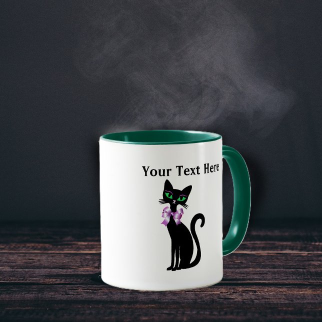Fancy Pretty Black Cat Pink Bow Green Eyes Mug (Fancy pretty black cat green eyes wearing big pink bow on coffee mug for cat lovers.)