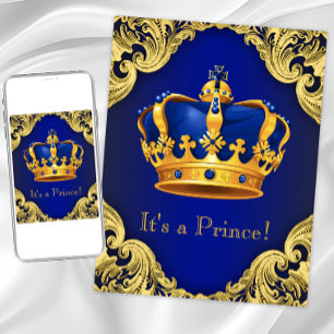 Fancy Prince Baby Shower Blue and Gold Invitation