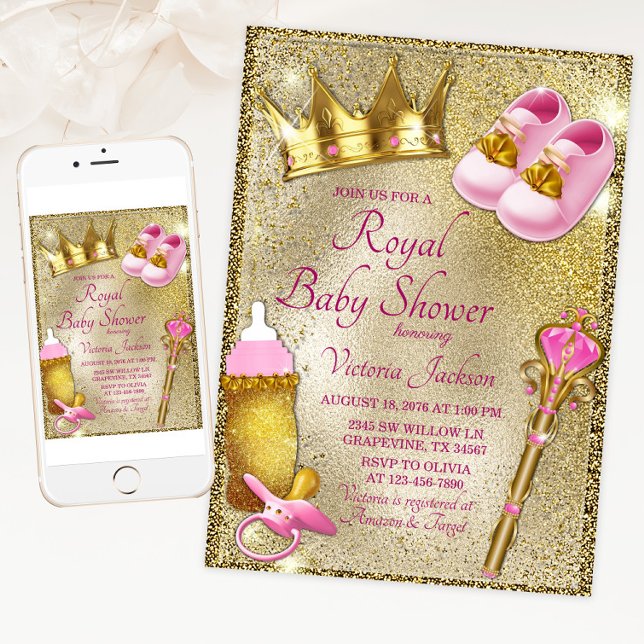 Fancy Princess Pink Gold Baby Shower Invitation (Pink gold royal baby shower invitation with cute princess things on a beautiful gold background.)