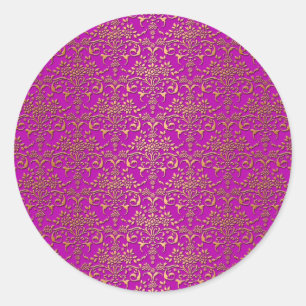 Fancy Purple and Gold Damask Pattern Classic Round Sticker