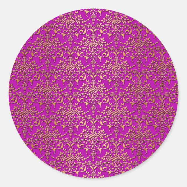 Fancy Purple and Gold Damask Pattern Classic Round Sticker (Front)
