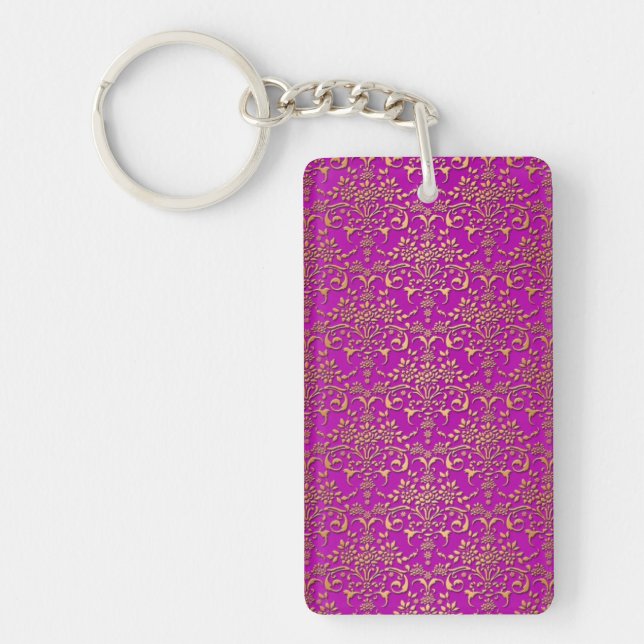 Fancy Purple and Gold Damask Pattern Key Ring (Front)
