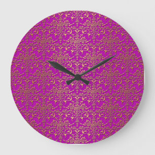 Fancy Purple and Gold Damask Pattern Large Clock