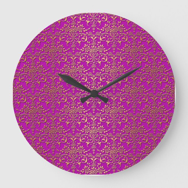 Fancy Purple and Gold Damask Pattern Large Clock (Front)