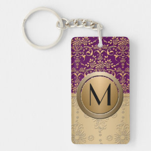 Fancy Purple and Gold Monogram Damask Pattern Key Ring