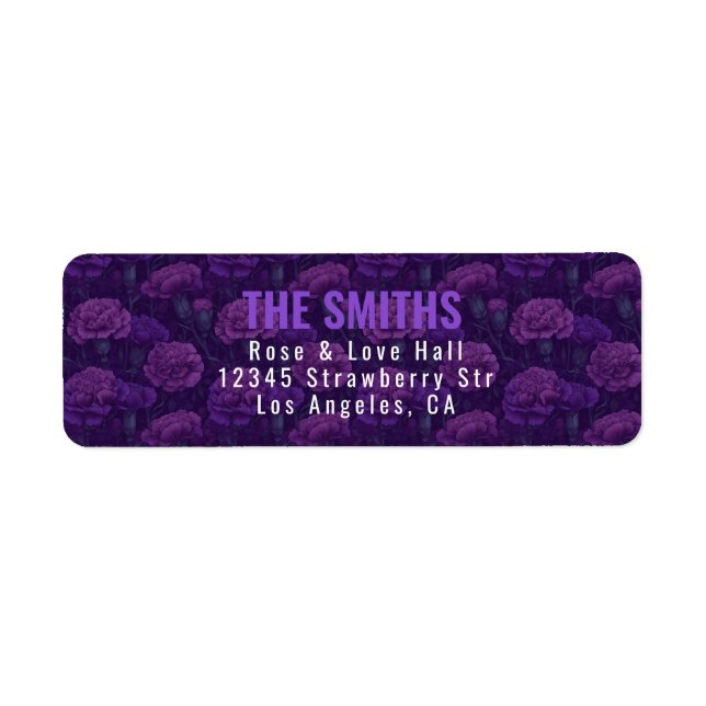 Fancy Purple Carnation Accent Rustic Wedding Return Address Label (Front)