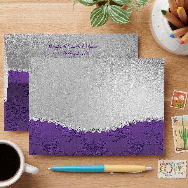 Fancy Purple Damask Silver and Diamonds Envelope (Desk)