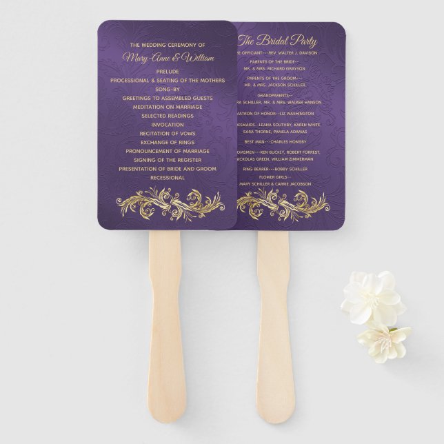 Fancy Purple Damask Wedding Program Fan (Front and Back)