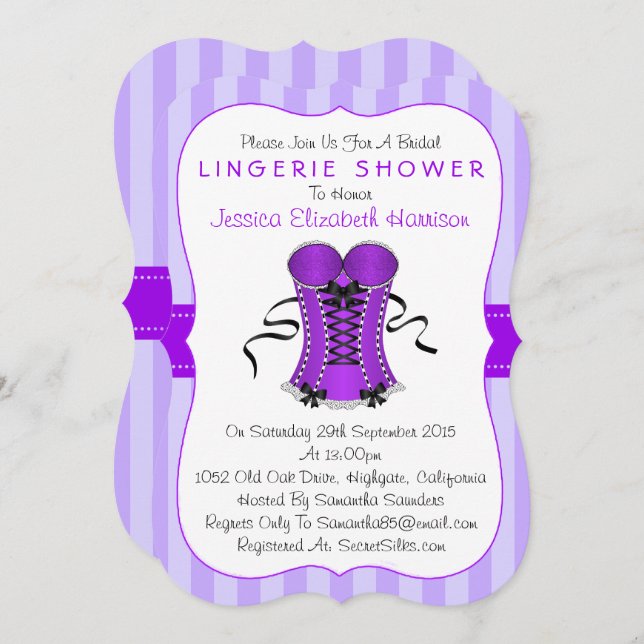 Fancy Purple & White Corset Lingerie Shower Invitation (Front/Back)