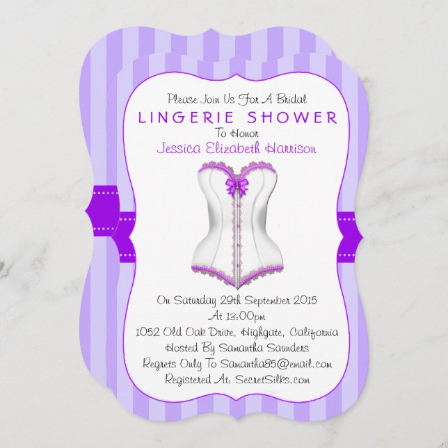 Fancy Purple & White Corset Lingerie Shower Invitation (Front/Back)