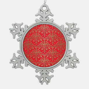 Fancy Red and Gold Damask Pattern Snowflake Pewter Christmas Ornament