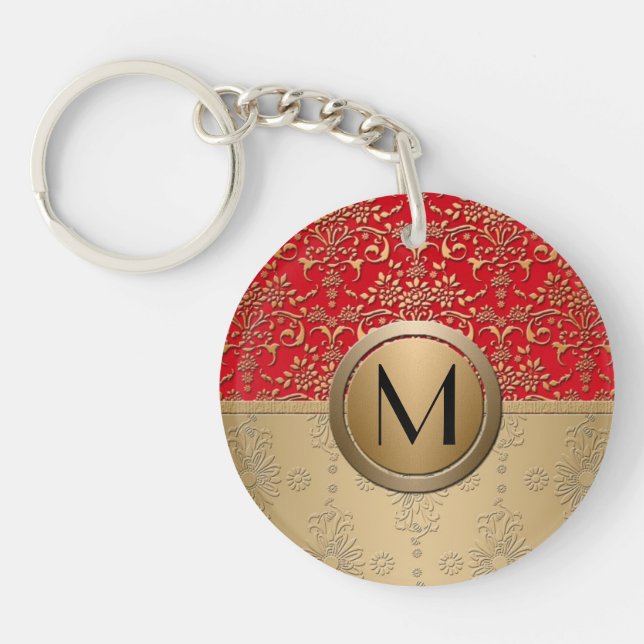 Fancy Red and Gold Monogram Damask Pattern Key Ring (Front)