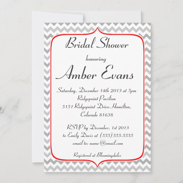 Fancy Red and Grey Chevron Bridal Shower Invitation (Front)