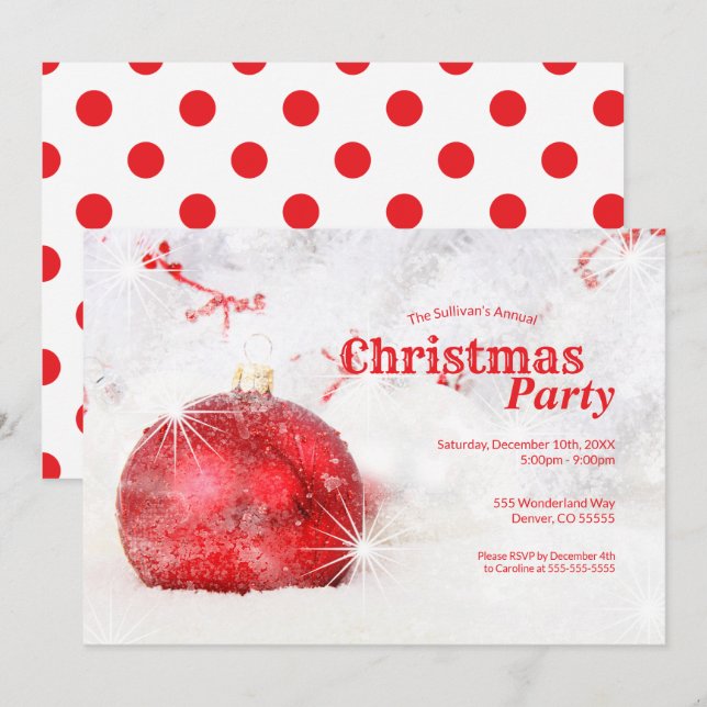 Fancy Red Bauble Frosted Ornament Christmas Party Invitation (Front/Back)