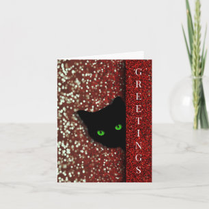 Fancy Red Bokah Lights and Glitter Cat Christmas Holiday Card