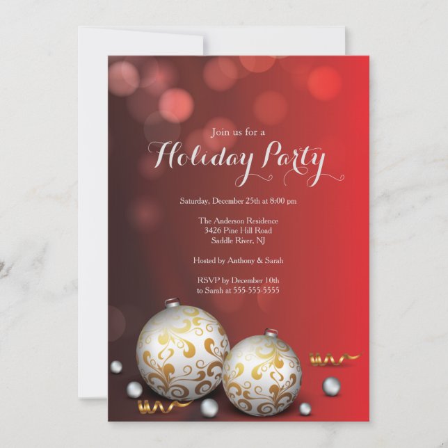 Fancy Red Bokeh Lights Holiday Invitation (Front)