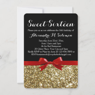 Fancy Red Glitter Bow Sweet 16 Party Invitation