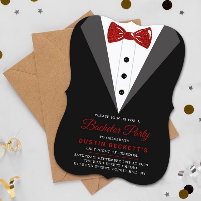Fancy Red Glitter Tuxedo Bachelor Party Invitation (Creator Uploaded)