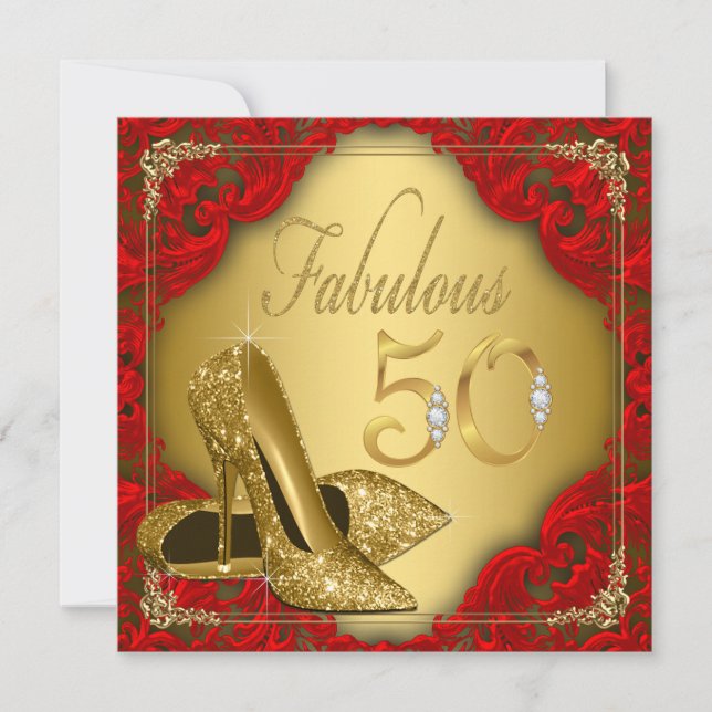 Fancy Red Gold High Heel Fabulous 50th Birthday Invitation (Front)