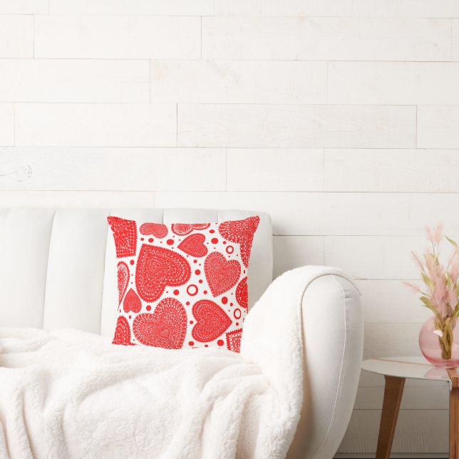 Fancy Red Hearts and Dots Pattern 16inch Cushion (Couch)