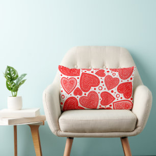 Fancy Red Hearts and Dots Pattern Lumbar Cushion