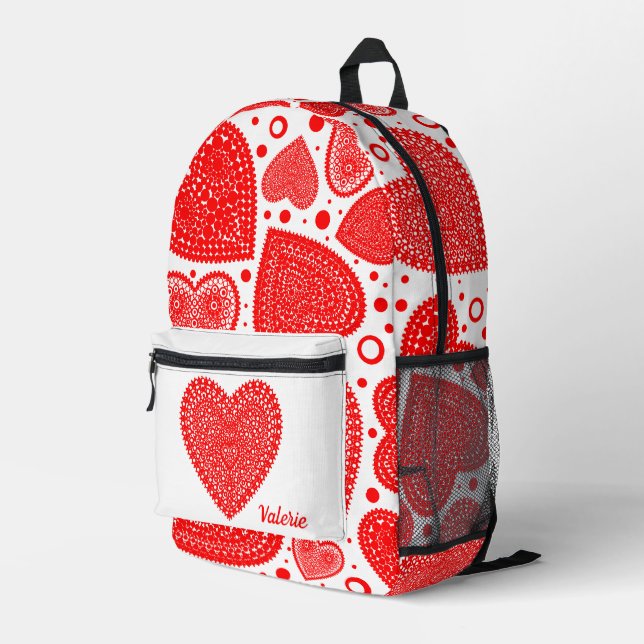 Fancy Red Hearts Personalised Printed Backpack (Back Corner Right)