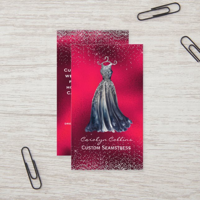 Fancy Red Opulent Seamstress Business Card (Front/Back In Situ)