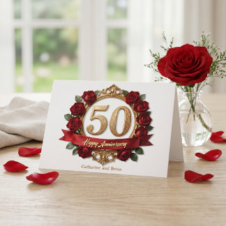 Fancy Red Rose Gold Ornate Frame 50th Anniversary Card