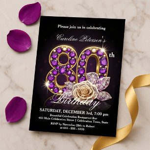 Fancy Regal Rose Amethyst Gold 80th Birthday Invitation