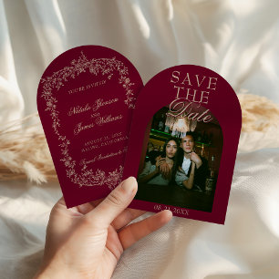 Fancy Retro Floral Burgundy Photo Arched Wedding Save The Date
