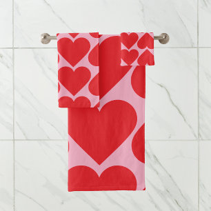 Fancy Romantic Red & Pink Hearts Pattern  Bath Towel Set