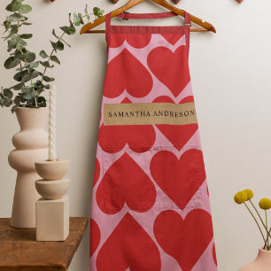 Fancy Romantic Red & Pink Hearts Pattern With Name Apron