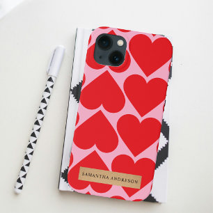 Fancy Romantic Red & Pink Hearts Pattern With Name iPhone 13 Case