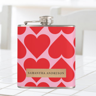 Fancy Romantic Red & Pink Hearts Pattern With Name Hip Flask