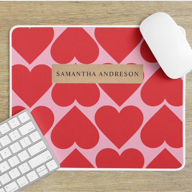 Fancy Romantic Red & Pink Hearts Pattern With Name Mouse Pad (Creator Uploaded)